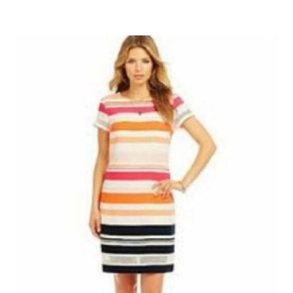 Jones New York orange, pink and  navy striped short sleeve dress, size 10 - Picture 1 of 8